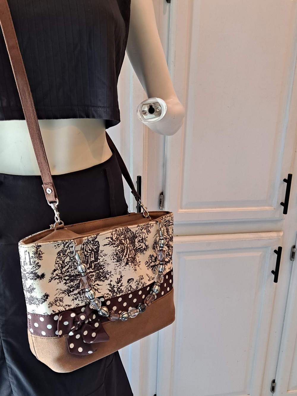 Vivary Vintage Cream Brown Toile De Jouy Tote Satchel Polka-Dot Bow Canvas Bag - Picture 14 of 14